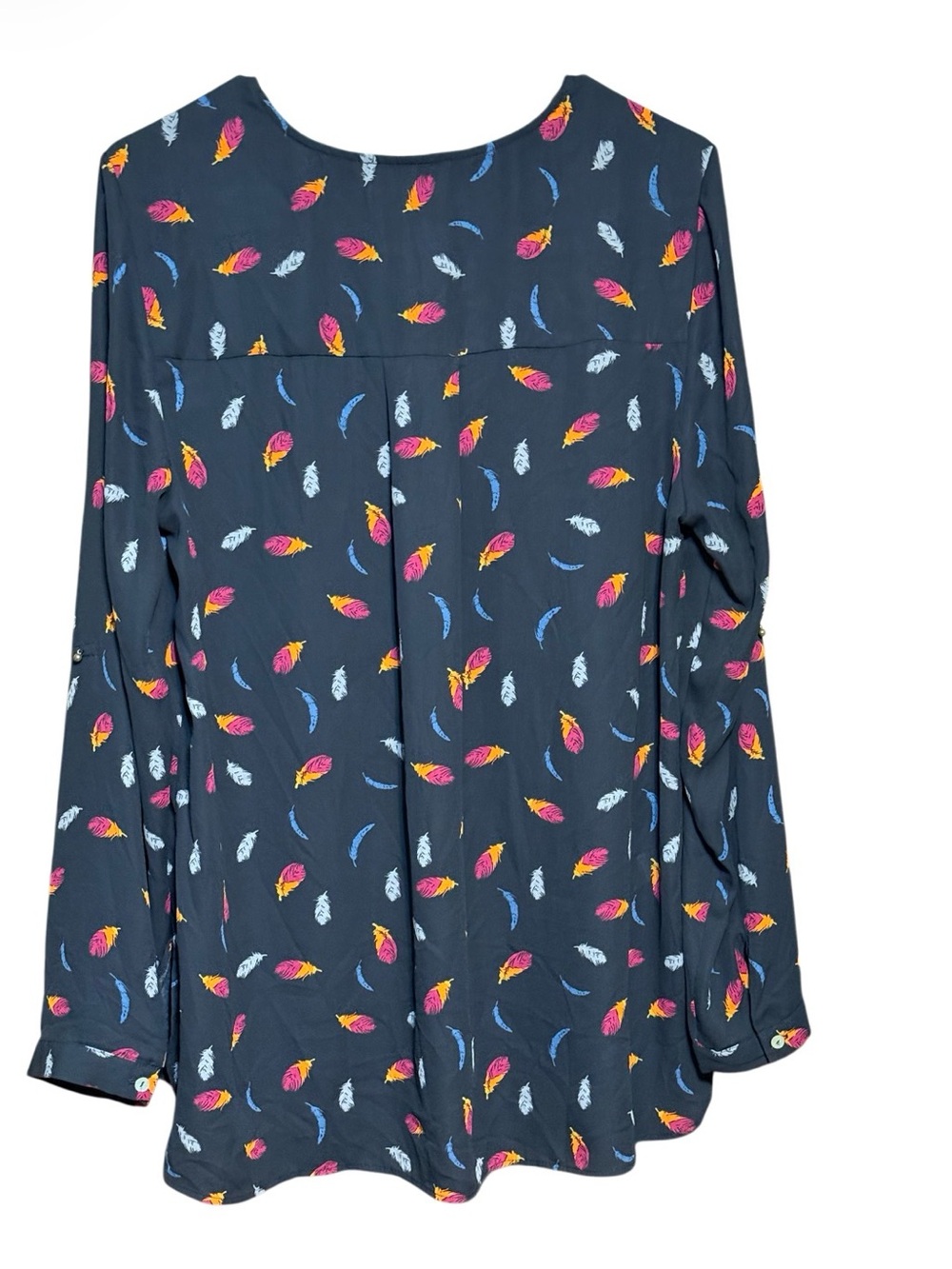 Gibson Latimer Feather Print Blouse Size Large Navy Boho Long Sleeve Top - Picture 3 of 3